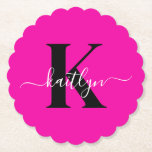 Modern Hot Pink Black Script Monogram Paper Coaster<br><div class="desc">These simple, elegant hot pink round fluted edge paper coasters with your first name in a trendy script font in white typed over your first initial in a modern cap font in black are perfect for keeping your tables and counters free from water rings. They absorb droplets so you don't...</div>