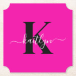 Modern Hot Pink Black Script Monogram Paper Coaster<br><div class="desc">These simple, elegant hot pink ticket shaped paper coasters with your first name in a trendy script font in white typed over your first initial in a modern cap font in black are perfect for keeping your tables and counters free from water rings. They absorb droplets so you don't have...</div>