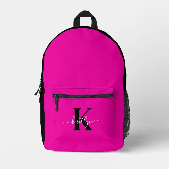 Modern Hot Pink Black Script Monogram Printed Backpack (Front)