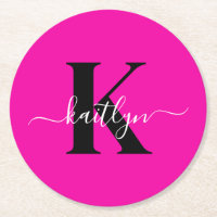 Modern Hot Pink Black Script Monogram