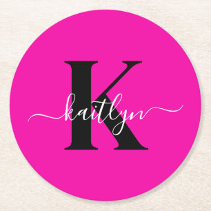 Modern Hot Pink Black Script Monogram Round Paper Coaster