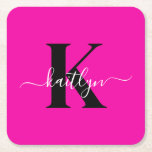 Modern Hot Pink Black Script Monogram Square Paper Coaster<br><div class="desc">These simple, elegant hot pink square paper coasters with your first name in a trendy script font in white typed over your first initial in a modern cap font in black are perfect for keeping your tables and counters free from water rings. They absorb droplets so you don't have to...</div>