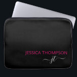 Modern Hot Pink Black Simple Script Monogram Name Laptop Sleeve<br><div class="desc">Customized monogrammed script name and initials modern and cute girly black and trendy hot pink. Add Your Names Laptop Sleeve personalized and perfect for the office or school.</div>