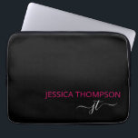 Modern Hot Pink Black Simple Script Monogram Name Laptop Sleeve<br><div class="desc">Customized monogrammed script name and initials modern and cute girly black and trendy hot pink. Add Your Names Laptop Sleeve personalized and perfect for the office or school.</div>