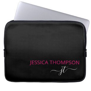 Modern Hot Pink Black Simple Script Monogram Name Laptop Sleeve
