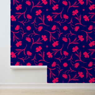 Modern Hot Pink & Blue Floral Liberty Pattern Navy Wallpaper