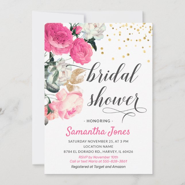 Modern Hot Pink Blush Peony Roses Bridal Shower Invitation (Front)