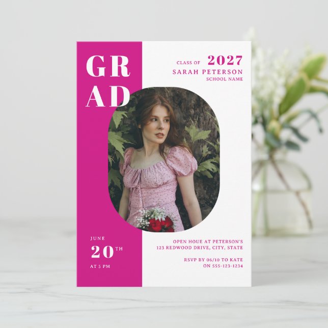 Modern Hot Pink Bold Typography Photo Graduation Invitation (Standing Front)