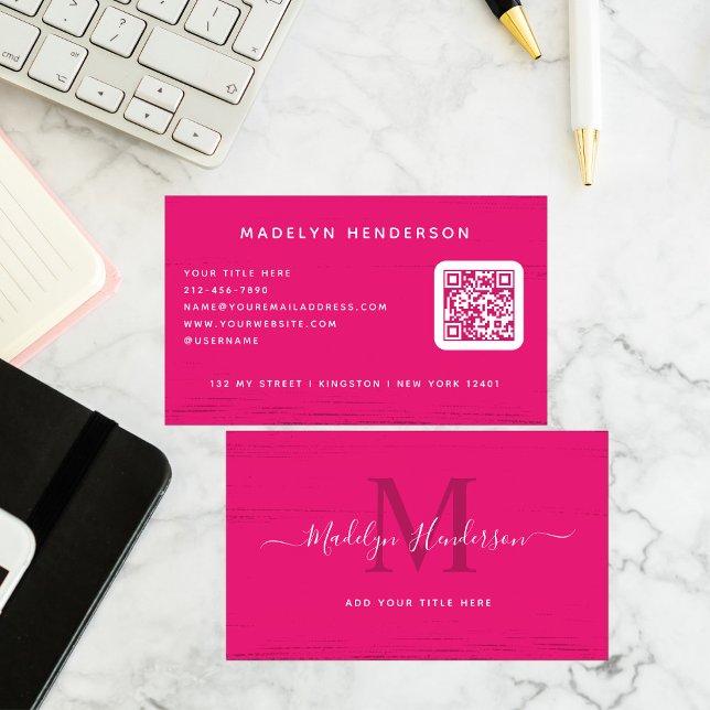 Modern Hot Pink Brush Strokes QR Code Business Card (Creator Uploaded)