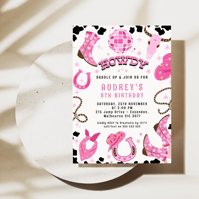 Modern Hot Pink Disco Ball Western Rodeo Birthday Invitation (Hot Pink Disco Cowgirl Birthday Invitation Pink Cowgirl Rodeo Disco Ball Western Cowgirl Any Age)