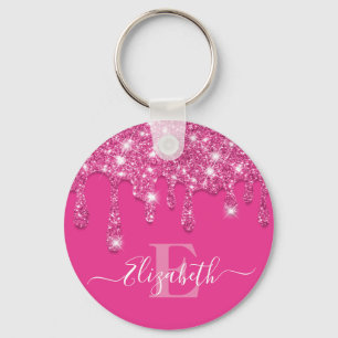 Modern Hot Pink Drips Glitter Monogram Key Ring