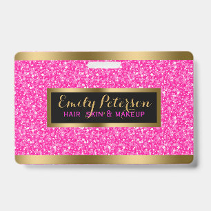 Modern Hot Pink Faux Glitter Gold Accents ID Badge