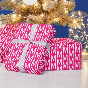 Modern hot pink fuchsia white custom monogram wrapping paper