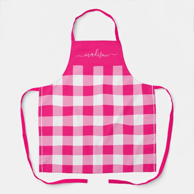 Modern hot pink gingham script name apron (Front)