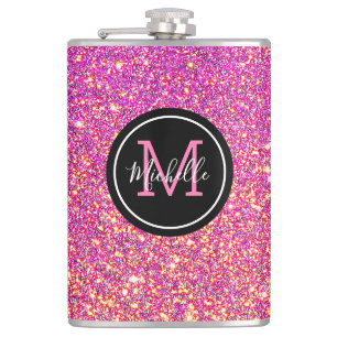 Modern Hot Pink Glitter Monogrammed Personalised Hip Flask