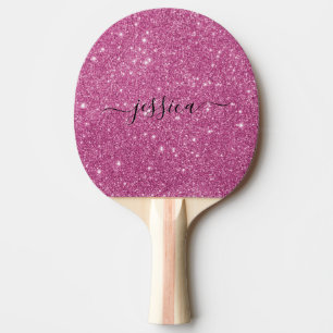 Modern hot pink glitter script name ping pong paddle