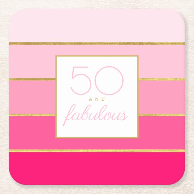 Modern Hot Pink & Gold 50 and fabulous birthday Square Paper Coaster (Front)