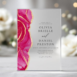 Modern Hot Pink Gold Agate Elegant Wedding Acrylic Invitations