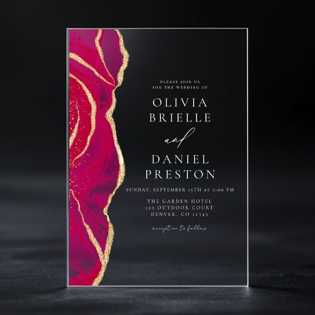 Modern Hot Pink Gold Agate Elegant Wedding Acrylic Invitations (Creator Uploaded)