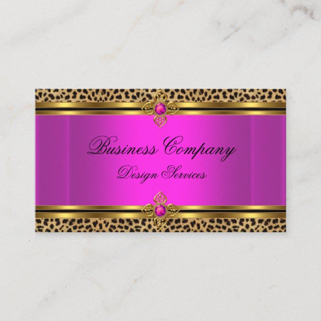 Modern Hot Pink Gold Leopard Black Business Card (Front)