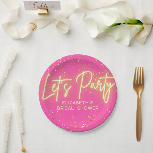 Modern Hot Pink Gold Neon Glowing Let's Party Paper Plate (Wedding)
