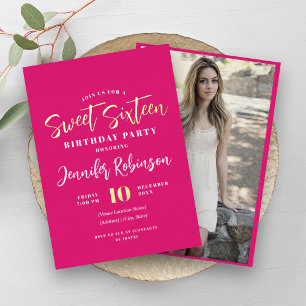 Modern Hot Pink Gold Photo Sweet 16 Sixteen