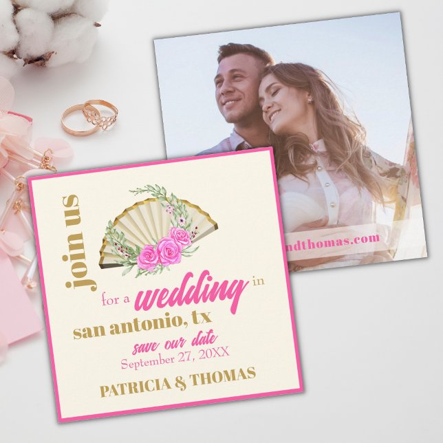 Modern Hot Pink Hand Fan Wedding Save the Date Invitation (Creator Uploaded)