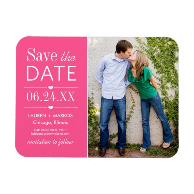 Modern Hot Pink Hearts Wedding Photo Save the Date Magnet (Horizontal)