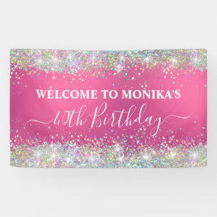 Modern Hot Pink Holographic Faux Glitter Monogram Banner