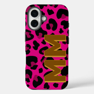 Modern Hot Pink Leopard Brown Shadow Monogram  iPhone 16 Case