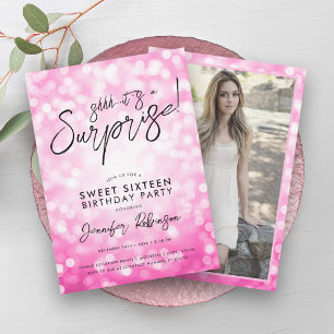 Modern Hot Pink Lights Photo Surprise Sweet 16 Invitation