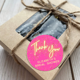 Modern Hot Pink Neon Glow Glitter Thank You Script Classic Round Sticker