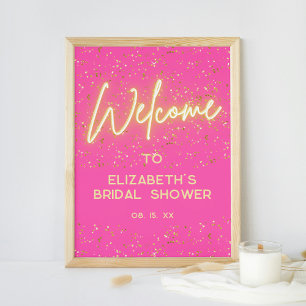 Modern Hot Pink Neon Glow Gold Glitter Welcome Poster
