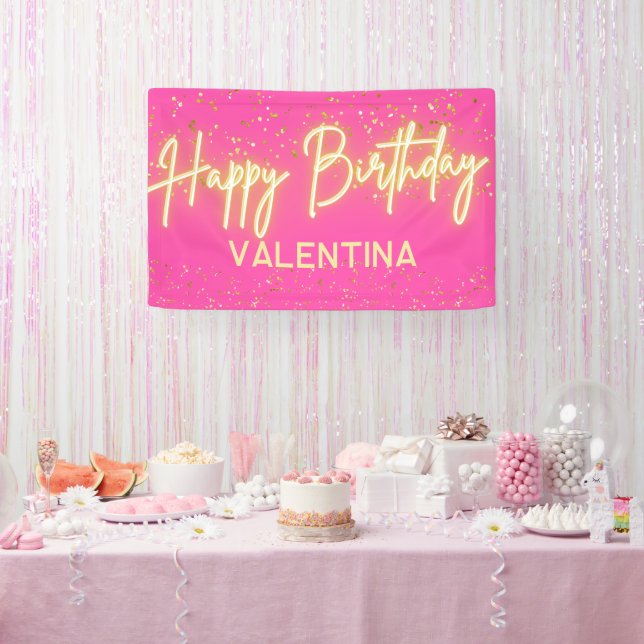 Modern Hot Pink Neon Glow Happy Birthday Party Banner (Party)