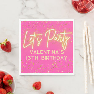 Modern Hot Pink Neon Glowing Let's Party Birthday Napkin
