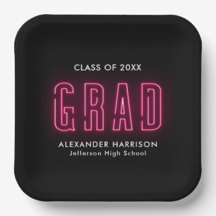Modern Hot Pink Neon Graduation Paper Plate
