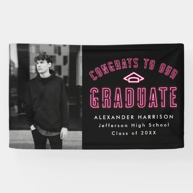 Modern Hot Pink Neon Photo Graduation Party Banner (Horizontal)