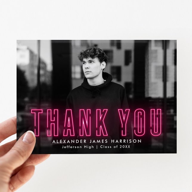 Modern Hot Pink Neon Photo Graduation Thank You Card (Creator Uploaded)