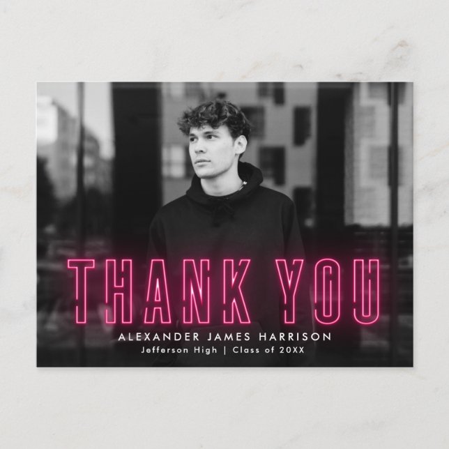 Modern Hot Pink Neon Photo Graduation Thank You Postcard (Front)