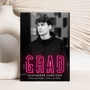 Modern Hot Pink Neon Vertical Photo Graduation Announcement