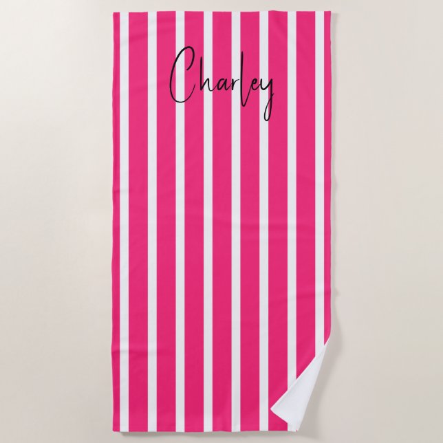 Modern Hot Pink Personalised  Beach Towel (Front)