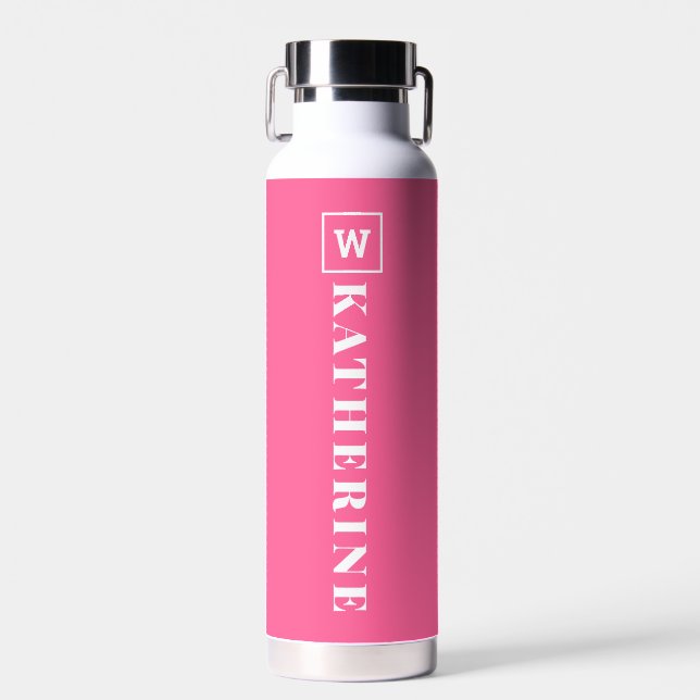 Modern Hot Pink Personalised Name Monogram Simple Water Bottle (Front)