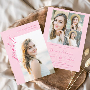 Modern Hot Pink Photo Graduation Party Invitation