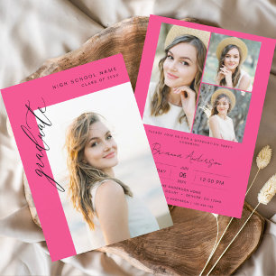 Modern Hot Pink Photo Graduation Party Invitation