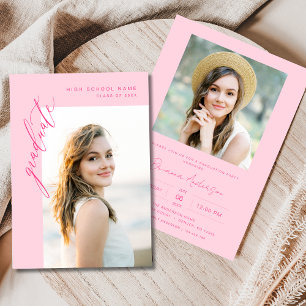 Modern Hot Pink Photo Graduation Party Invitation