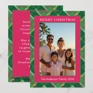 Modern Hot Pink Plaid Christmas Photo Holiday Card