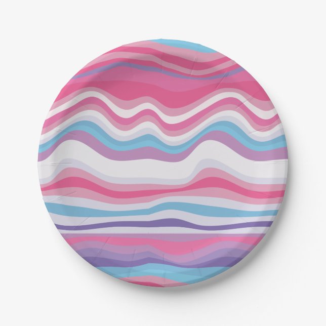 Modern Hot Pink Purple Blue Wavy Pattern Paper Plate (Front)