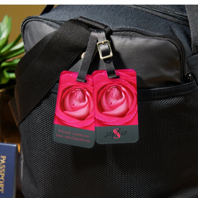 Modern hot pink rose with name  luggage tag (Creator Uploaded)