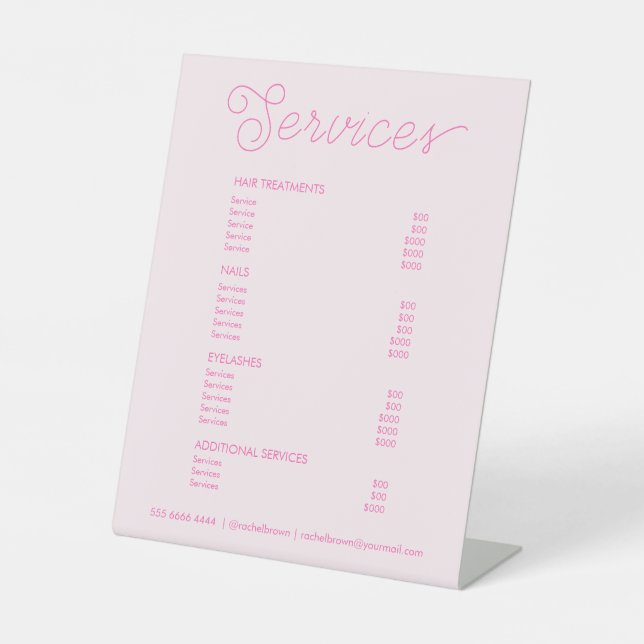 Modern Hot Pink Salon Price List Service Menu Pedestal Sign (Front)
