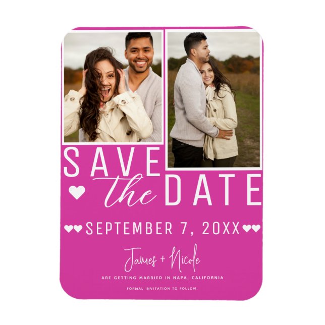 Modern Hot Pink Save the Date 2 Photo Wedding Magnet (Vertical)